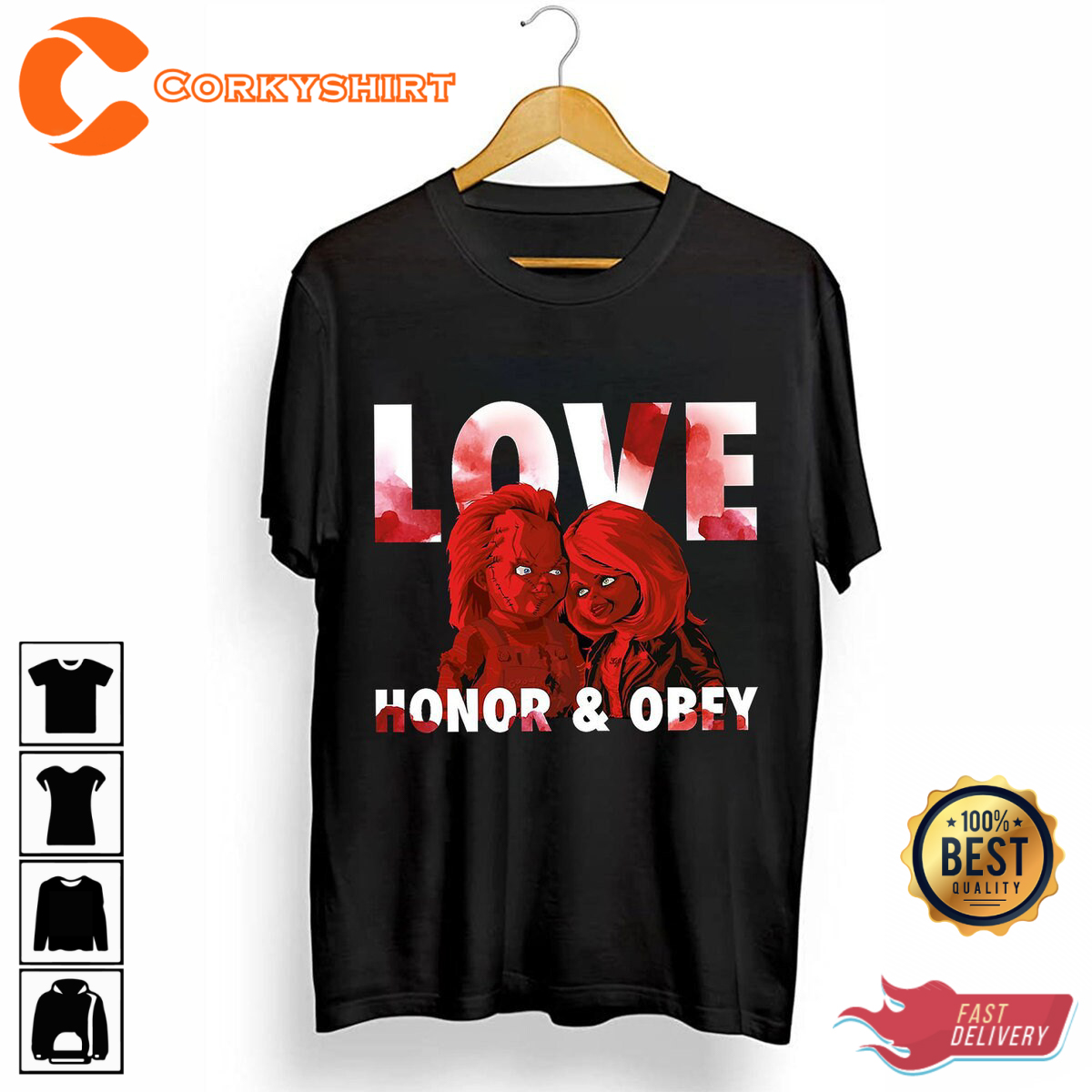 Love Honor And Obey Chucky And Tiffany Halloween Costume T-Shirt