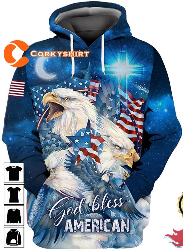 American Flag With Bald Eagle And Cross In Galaxy Graphic 3D Hoodie
