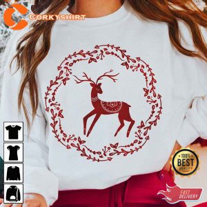 Retro Christmas Red Reindeer Nordic Scandinavian Folk Art Sweatshirts Happy Christmas Top