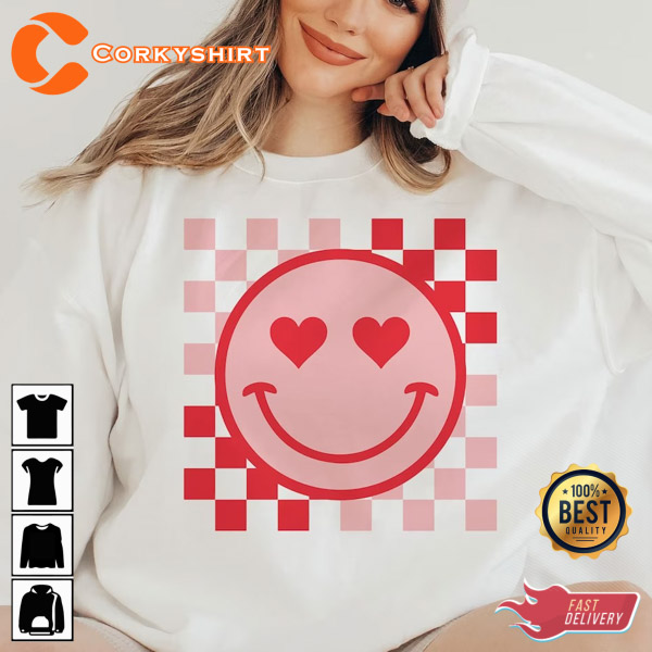 Retro Groovy Valentines Day Smiling Face Heart Unisex Shirt
