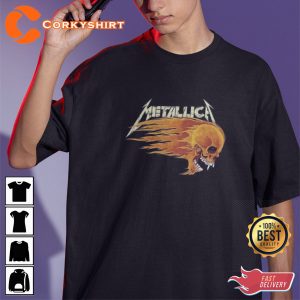 Rock Music Metallica M72 World Tour Skull in Flame Graphic T-Shirt