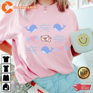 Cute Whale Valentine Gift Ocean Wave Love Letter Valentine’s Day T-Shirt