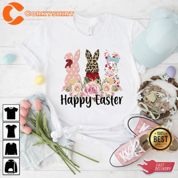 Floral Leopard Happy Easter Bunny Shirt