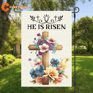 He Is Risen Watercolor Cross and Flowers Garden Flag