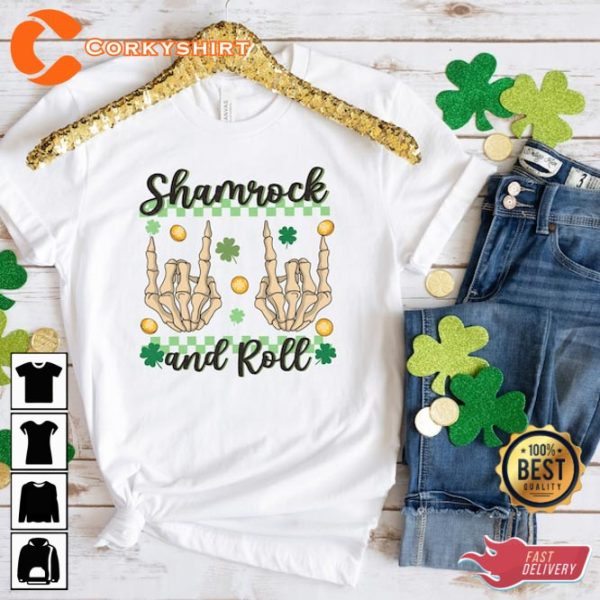 Skeleton Shamrock And Roll St Patricks Day T-Shirt Design