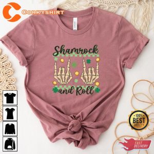 Skeleton Shamrock And Roll St Patricks Day T-Shirt Design3