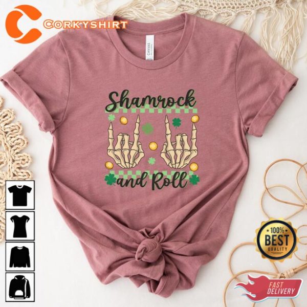 Skeleton Shamrock And Roll St Patricks Day T-Shirt Design