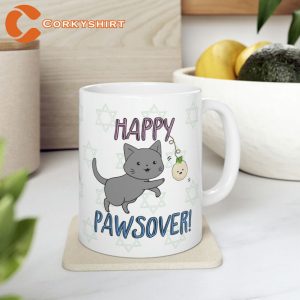 Happy Pawsover With Playful Cat and Cute Matzo Ball Jewish Passover Mug