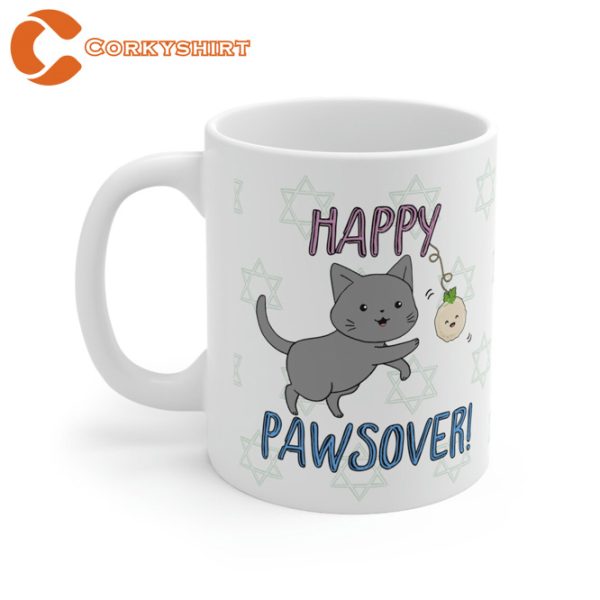 Happy Pawsover With Playful Cat and Cute Matzo Ball Jewish Passover Mug