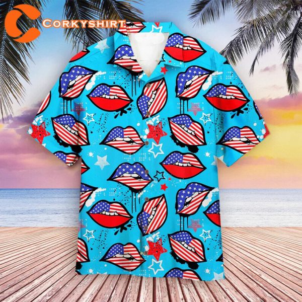 American Flag Sexy Lips 4th Of July Blue Aloha Hawaiian Summer Shirt