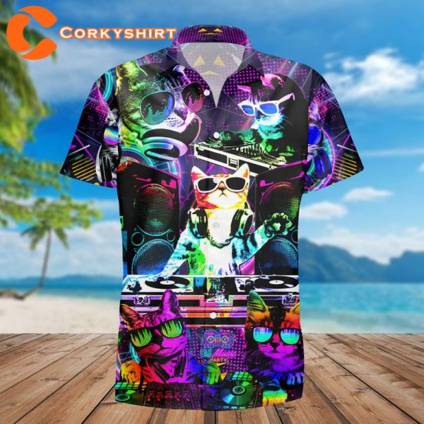Cool Neon DJ Kitty Cat Rainbow Party Cute Music Festival Hawaiian Shirt
