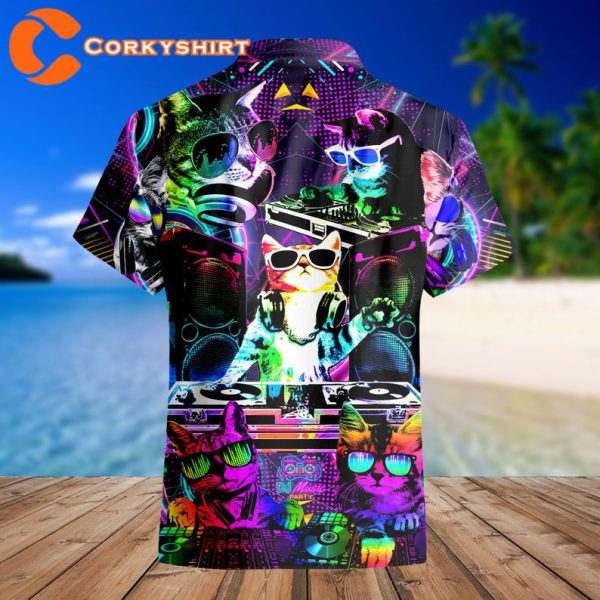 Cool Neon DJ Kitty Cat Rainbow Party Cute Music Festival Hawaiian Shirt