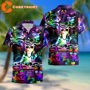 Cool Neon DJ Kitty Cat Rainbow Party Cute Music Festival Hawaiian Shirt