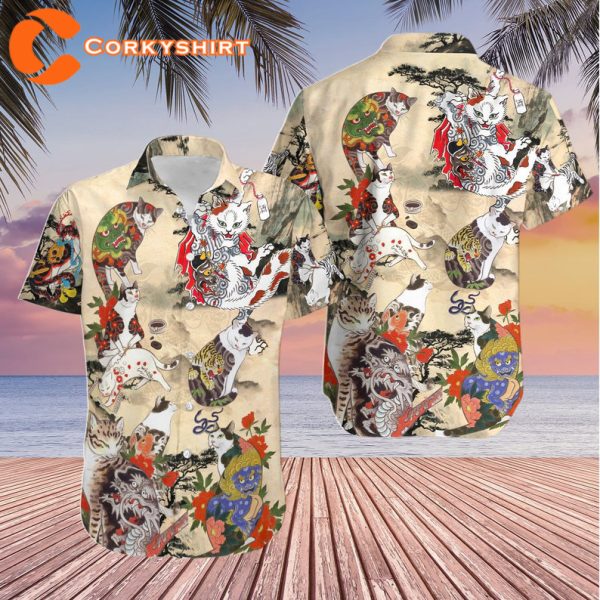 Japanese Cat Tattoo 3D Designed Hawaiian Anime Summer Aloha T-Shirt