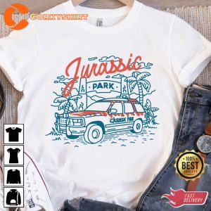 Jurassic Park Entrance With Tour Jeep Line Art Vintage Shirt 1