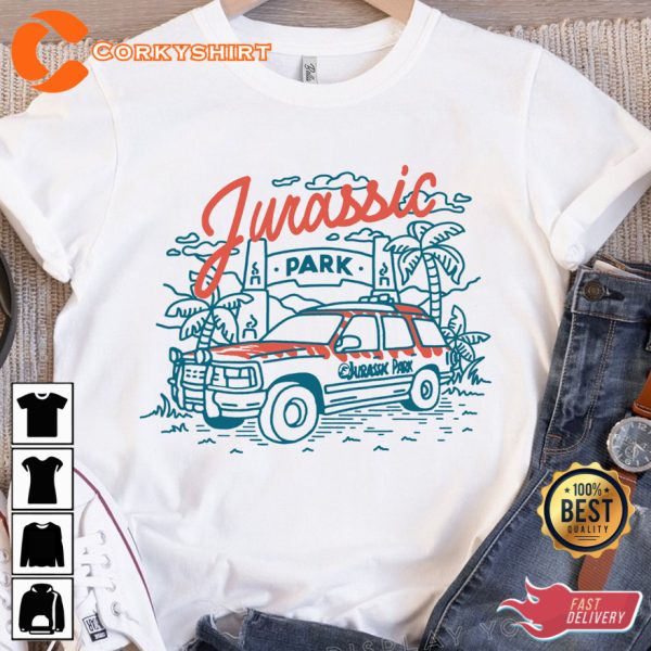 Jurassic Park Entrance With Tour Jeep Line Art Vintage Shirt