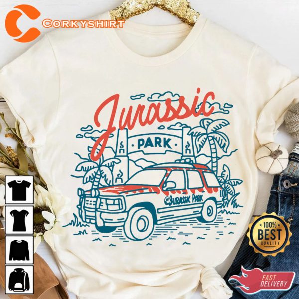 Jurassic Park Entrance With Tour Jeep Line Art Vintage Shirt