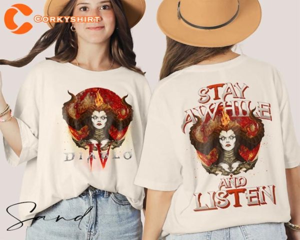 Vintage Diablo IV 2 Sides Stay Awhile and Listen T-Shirt
