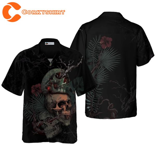 Black Artistic Gothic Skull With Flowers Goth Hawaiian Shirt