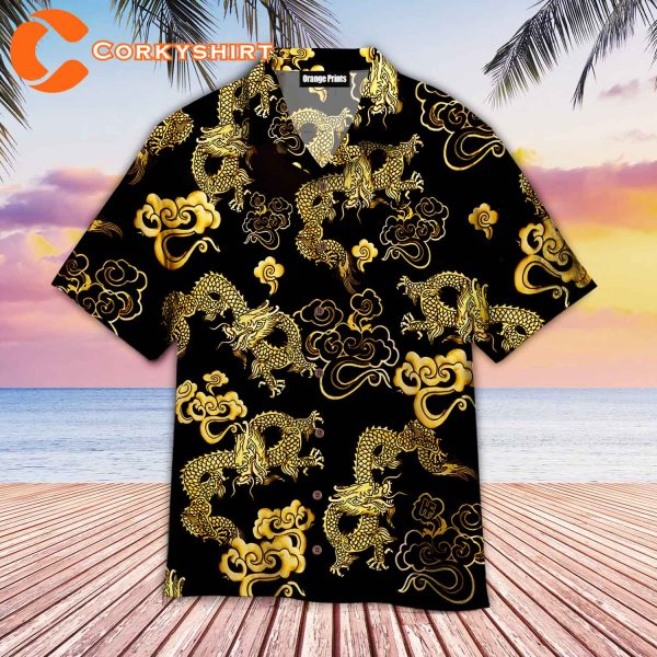 Black Gold Oriental Dragon Hawaiian Shirt