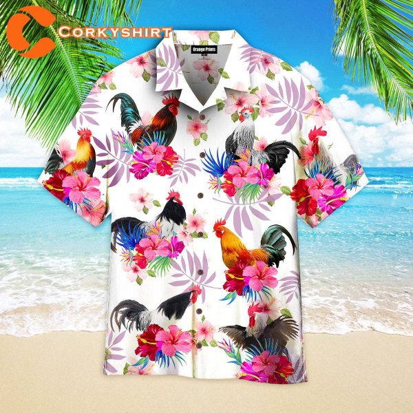 Chicken Hibiscus Rooster Pink Hawaiian Shirt