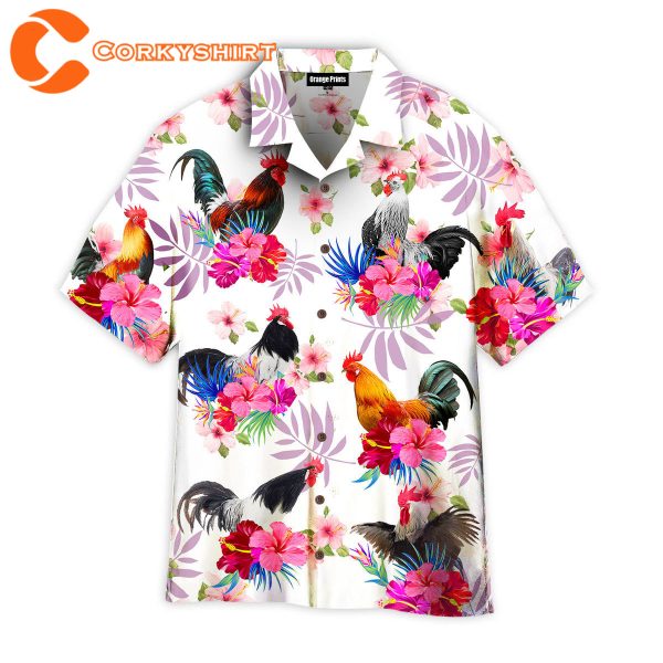 Chicken Hibiscus Rooster Pink Hawaiian Shirt