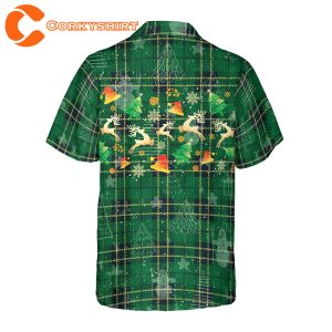 Christmas Reindeer Green Plaid Pattern Hawaiian Button Down Shirt