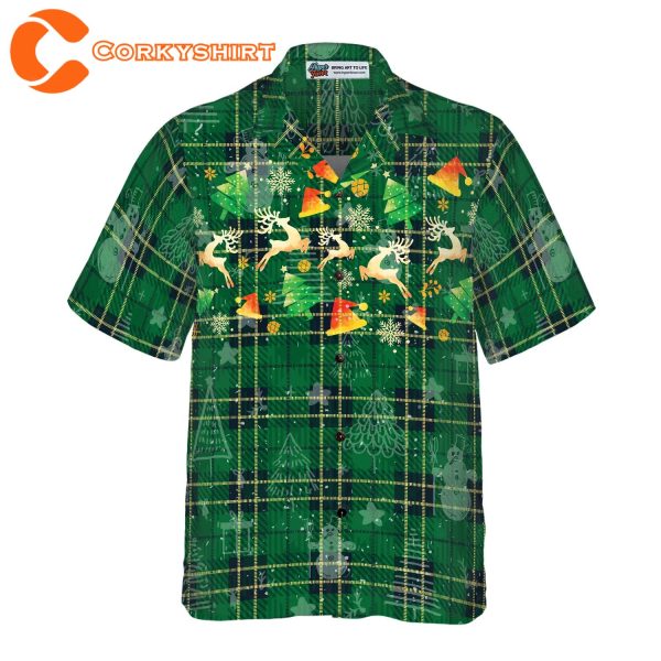 Christmas Reindeer Green Plaid Pattern Hawaiian Button Down Shirt