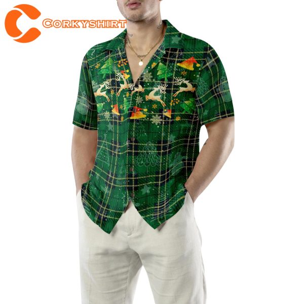 Christmas Reindeer Green Plaid Pattern Hawaiian Button Down Shirt