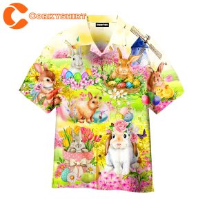 Easter Rabbit Chilling In The Flower Landscape Hawaiian Shirt For Men
