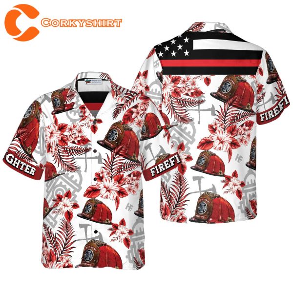 Firefighter Red Helmet Black American Flag Hawaiian Shirt