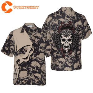 Gothic Winged Black And White Skull Pattern Hawaiian Shirt