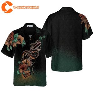 Gun and Snake Vintage Hawaiian Shirt, Hibiscus Flowers Black Hawaiian Shirt