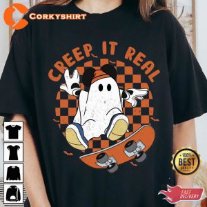 Mickey Boo Skateboarding Checkerboard Creep It Real T-Shirt