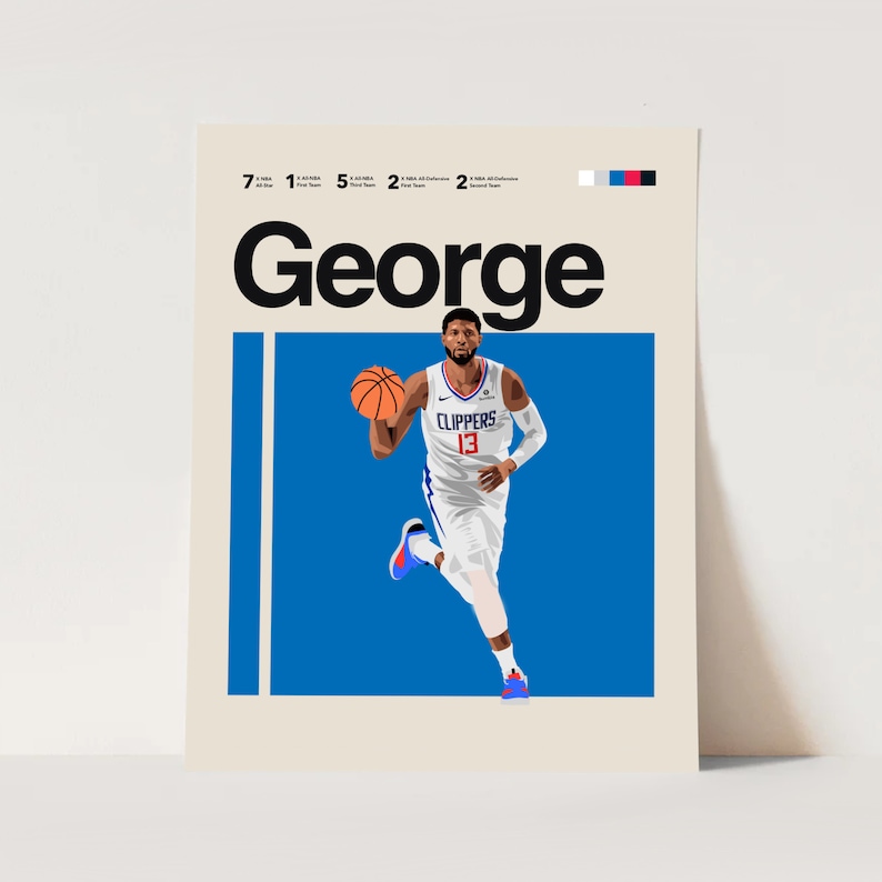 Paul George Poster LA Clippers Helvetica Mid-Century Modern NBA Fans