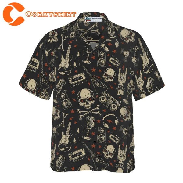 Rock Electric Guitar Skull And Crossbones Hawaiian Shirt