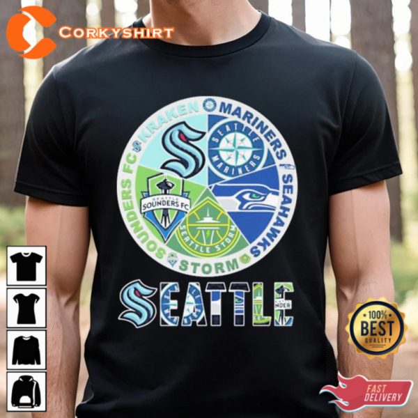 Seattle Mariners Seahawks Storm Sounders Fc Kraken Logo T-Shirt