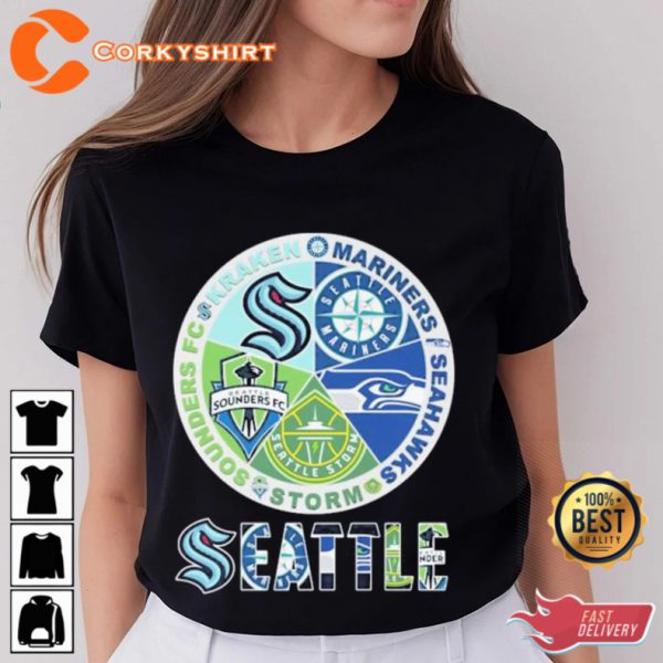 Seattle Mariners Seahawks Storm Sounders Fc Kraken Logo T-Shirt