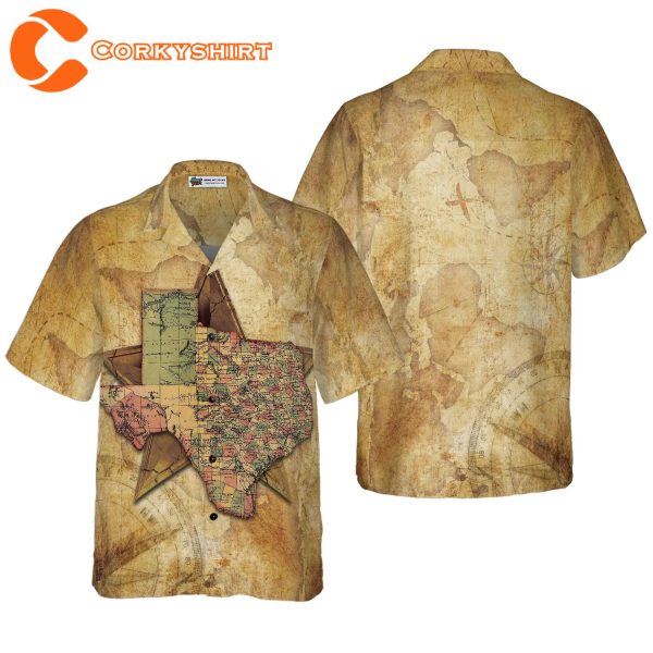 Texas State Map And Compass Pattern Hawaiian Shirt