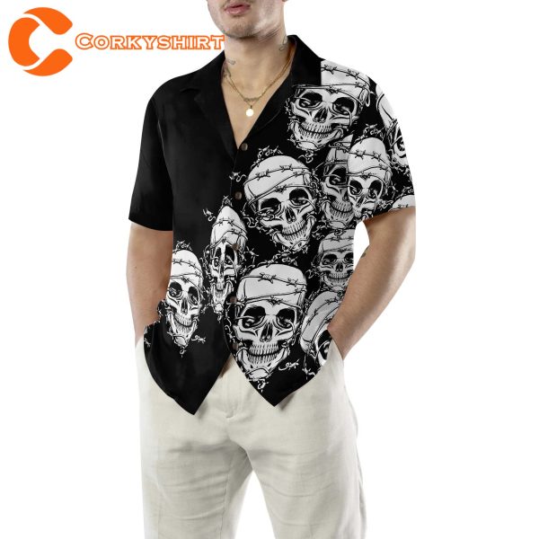 Unisex Skull In Barbed Wire Gothic Black Skull Goth Hawaiian Shirt