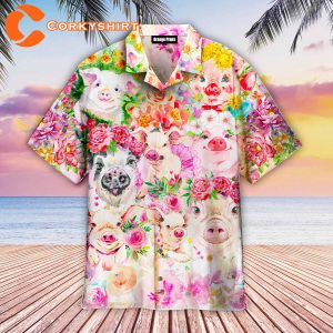 Watercolor Pig Flower Tropical Hawaiian Shirt
