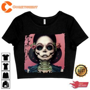 3D Skull Womens Cropped Tee, Skeleton Crop Top, Halloween Themed Crop T-Shirt