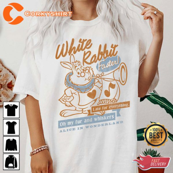 Alice In Wonderland White Rabbit Outlined Text Style Disney Cartoon T-shirt