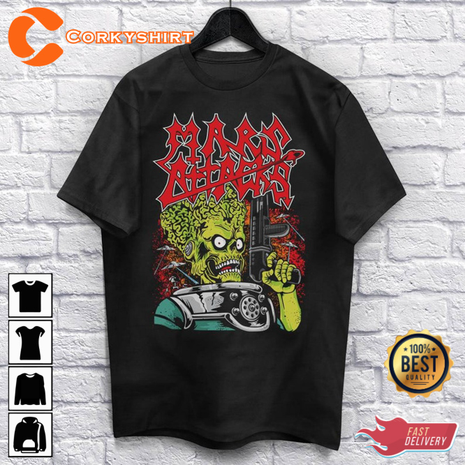 Attack Alien Horror Movie Heavy Metal Funny Scary Halloween T-Shirt