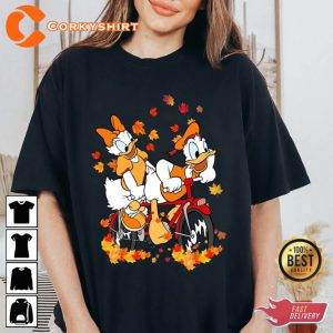 Disney Donald And Daisy Duck Ride Bicyle With Autumn Maple Leaves Cartoon T-Shirt