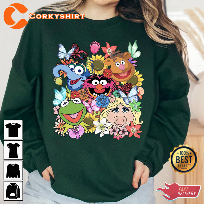 Disney Floral The Muppets Characters Kermit Fozzie Cartoon T-Shirt