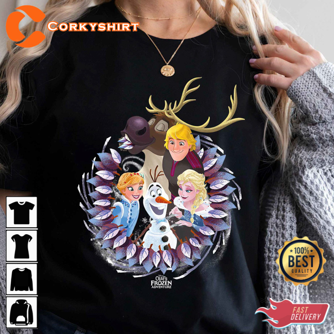 Disney Frozen Christmas Wreath Group Shot Graphic Olaf Cartoon T-Shirt