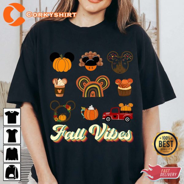 Disney Thanksgiving Fall Vibes Pumpkin Mickey Minnie Cartoon T-Shirt