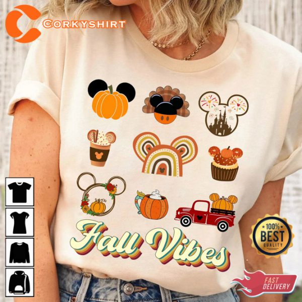 Disney Thanksgiving Fall Vibes Pumpkin Mickey Minnie Cartoon T-Shirt