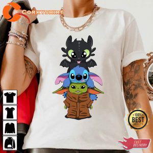 Disney Toothless Stitch Baby Yoda Pile Disneyland Trip Friends Cartoon T-Shirt